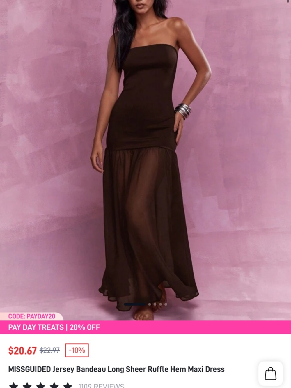 Missguided Chocolate Brown Strapless Sheer Ruffle-Hem Maxi Dress